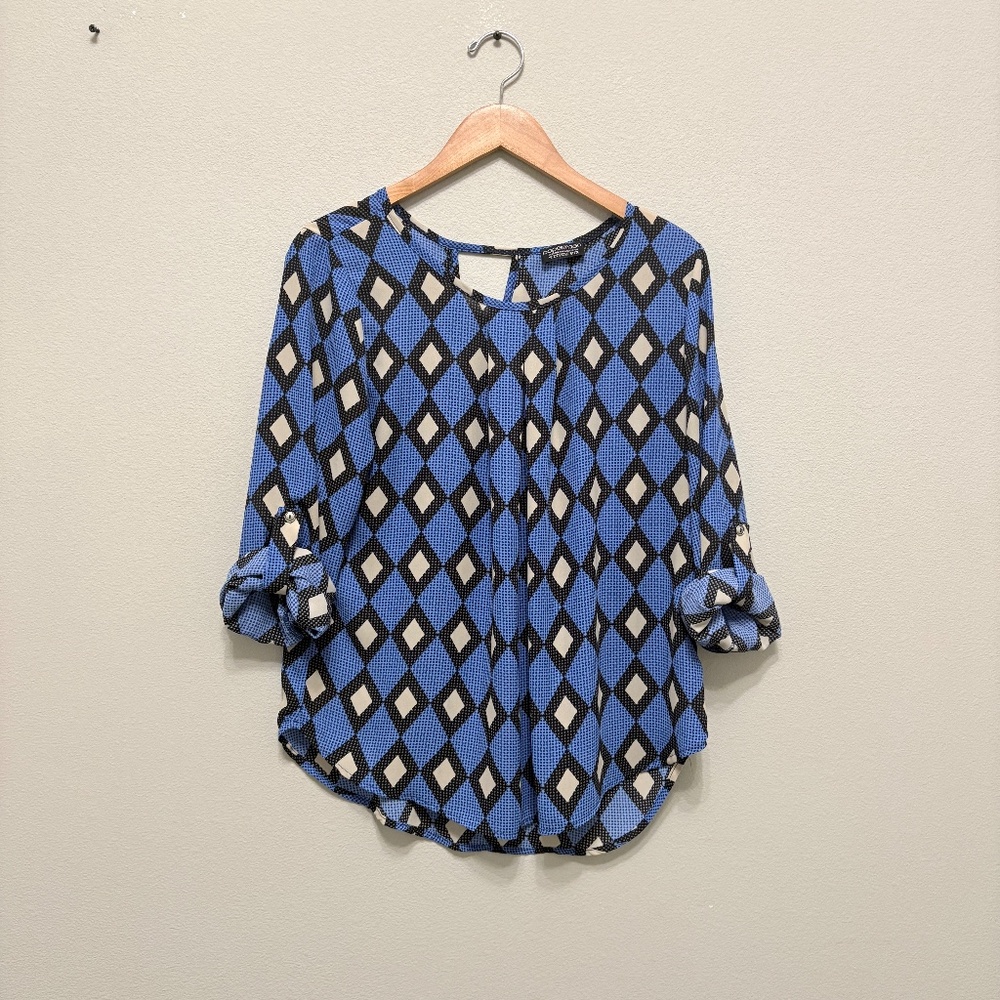 Papermoon Pleated Geometric Blouse Blue Black Cream Large EUC - Picture 2 of 9